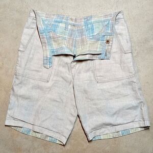 Tommy Bahama 100% Linen Reversible Shorts Size 33 Plaid Beige 10" Inseam Beach